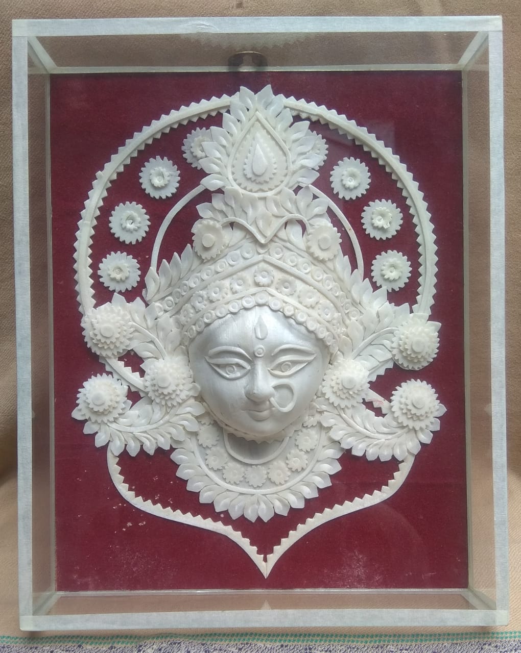 Handcrafted Sholapith Durga Idol in Protective Box Frame (10" x 8" x 2")